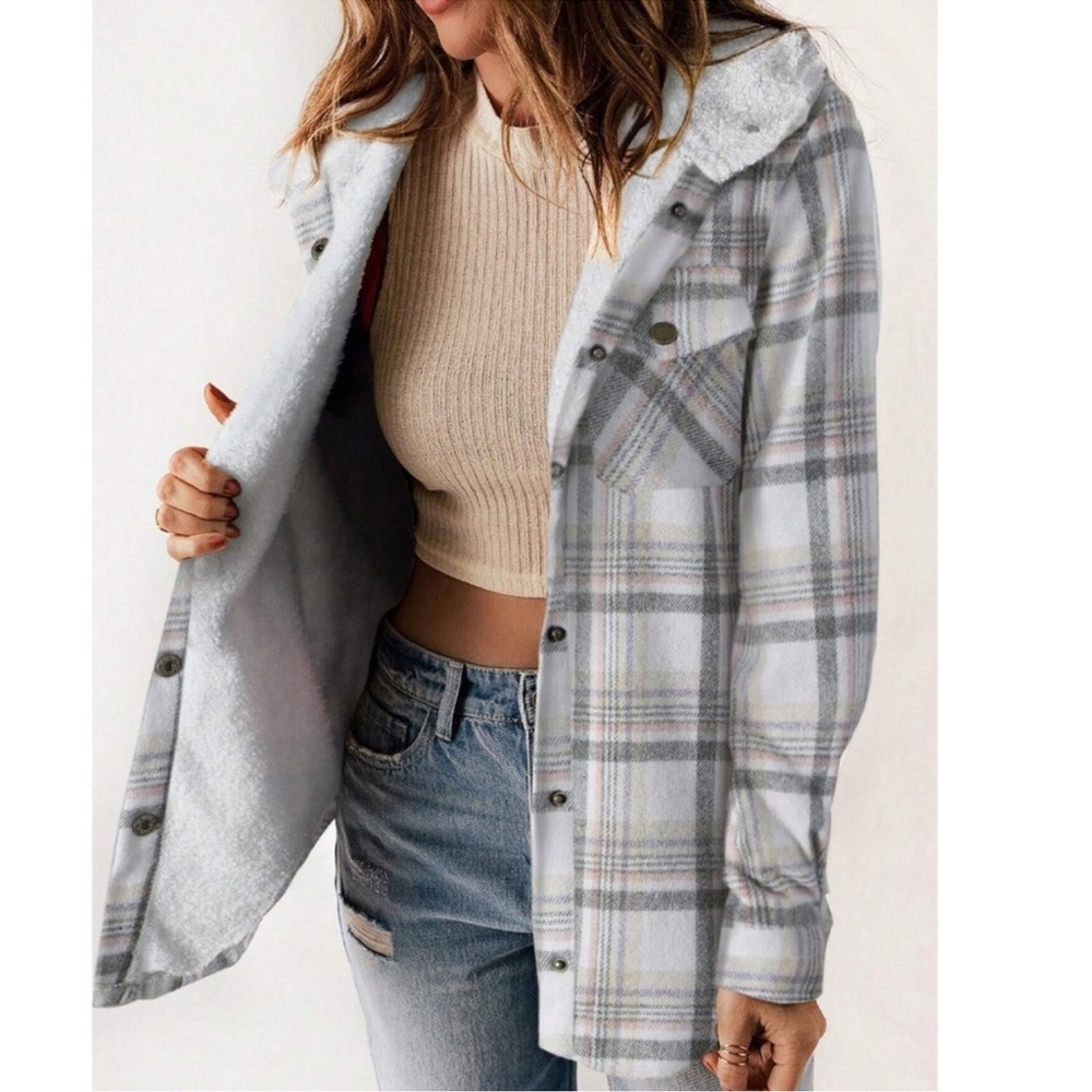 Cozy Plaid Print Snap Button Down Teddy Lined Jacket Shacket XS S M L XL XXL
